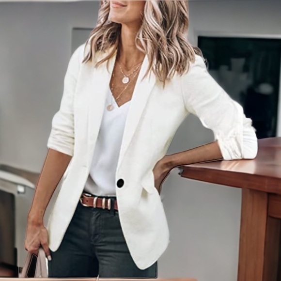 Open Front White Ruched Sleeve Single Button Hourglass Blazer Casual Size Large - Picture 11 of 15